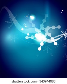 Holiday blue abstract background, winter snowflakes, Christmas and New Year design template, light shiny modern vector illustration