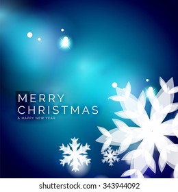 Holiday blue abstract background, winter snowflakes, Christmas and New Year design template, light shiny modern vector illustration