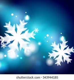Holiday blue abstract background, winter snowflakes, Christmas and New Year design template, light shiny modern vector illustration