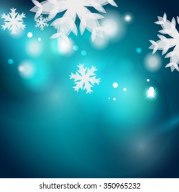 Holiday blue abstract background, winter snowflakes, Christmas and New Year design template, light shiny modern vector illustration