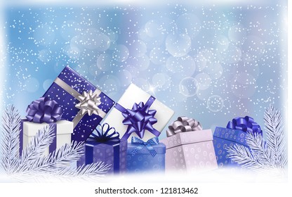 Holiday blue background with gift boxes and tree branches. Vector illustration.