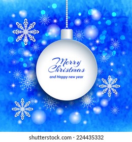 Holiday blue background with paper christmas ball and snowflakes illustration 