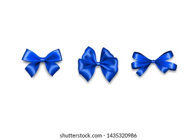 Holiday blue bow. Color eve satin Christmas gift bow knot ribbon. Birthday realistic design isolated vector. Silk shiny xmas bow textile sale tape. Satin bow set for gift. Silk blue tape.