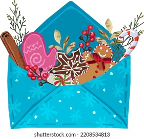 Holiday blue envelope with festive winter Christmas attributes
