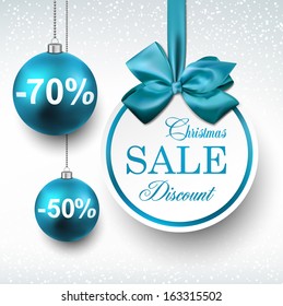 Holiday blue paper round labels. Christmas sale balls. Vector illustration. 