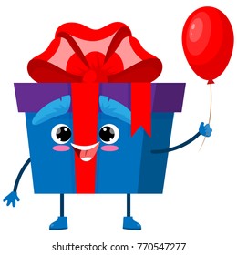 Holiday Blue-Violet Gift Box Character in Decorative Wrapping with Red Balloon Ribbons and Bows, Present Package Surprise, Cartoon Personage Hand Drawn Vector Illustration EPS10