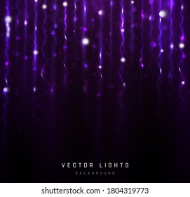 Holiday bokeh lights, garland. Blurred bokeh light on black background. Christmas and New Year holidays template. Abstract silver glitter defocused blinking stars and sparks. Vector EPS 10