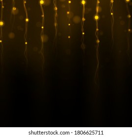 Holiday bokeh lights, garland. Blurred bokeh light on black background. Christmas and New Year holidays template. Abstract silver glitter defocused blinking stars and sparks. Vector EPS 10