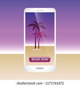 holiday booking online from smartphone with book button vector illustration EPS10