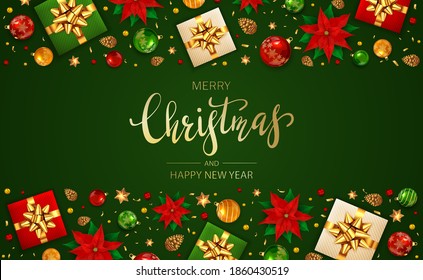 Holiday border with Christmas lettering, poinsettia, balls, pine cones, beads, gifts with golden bow and stars on green background. Illustration can be used for Christmas design, posters, card