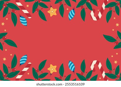 Holiday border with decorative ornaments and floral elements. Red winter background with candy canes, ornaments, branches, berries. Vector illustration.