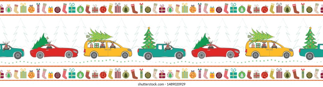 Holiday border design with cartoon reindeer, trucks, cars, Christmas trees and gifts in traditional colors. Seamless vector pattern on white background. Great for stationery, banners, graphic design