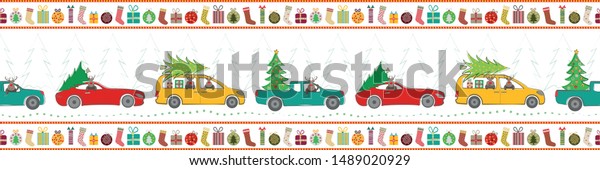 Holiday border design with cartoon reindeer,\
trucks, cars, Christmas trees and gifts in traditional colors.\
Seamless vector pattern on white background. Great for stationery,\
banners, graphic\
design