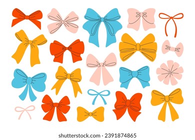 Holiday bows, ribbons knot and tied lace for packaging design decoration vector illustration. Beautiful wedding, Christmas, birthday anniversary or valentine day presents bowtie accessory collection