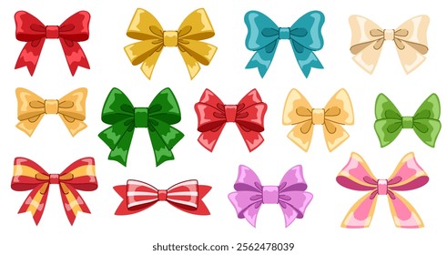 Holiday bows set. Hand drawn tied bows with ribbons for different holidays. Holiday bowknots decorations. White background.