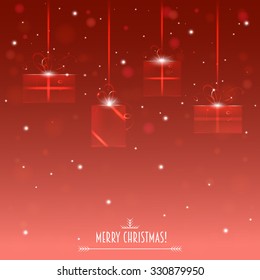 holiday box hanging on a red background, vector, Merry Christmas!