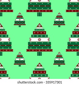Holiday boxes with gifts silhouette Christmas tree seamless pattern. Green vector background