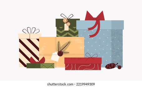 Cajas de vacaciones. Juego de regalos de Navidad en un fondo blanco. Ilustración vectorial.