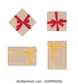 Holiday boxes set. Vector top view gifts collection. Cardboard package with ribbon and bow.