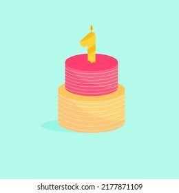 Holiday bright cake with a candle of age one. Vector illustration