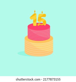 Holiday bright cake with a candle age fifteen. Vector illustration