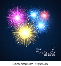 Holiday bright fireworks background with blurred photorealistic light rays. Vector illustration. 