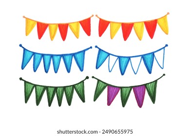 Holiday bright garlands set, flags isolated on white background. Hand drawn watercolor illustration of cute festive garlands.
