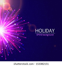 Holiday bright salute background with blurred photorealistic light rays. Vector illustration.
