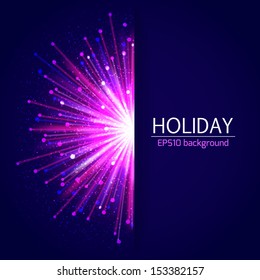 Holiday bright salute background with blurred photorealistic light rays. Vector illustration. 