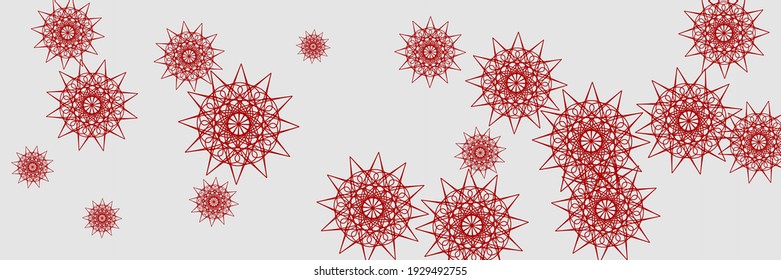 Holiday Bright Santa Chaotic Snow Pattern. Red Silver New Year White Print Sky Background. Stars Ornamental Horizontal Bright Wallpaper. Christmas Snowflakes Grey Winter Mandala Background.