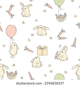 Holiday bunnies with carrots and balloons on a white background. Cute rabbits seamless pattern for printing on children's knitwear, wallpaper, paper and fabric.