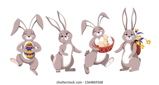 Holiday bunny Easter rabbit with painted eggs and flowers vector isolated animal with basket of dairy product or bouquet in backpack wild mammal painting shell Christian religion event symbol