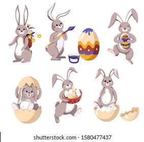 Holiday bunny, Easter rabbit with painted eggs and flowers vector isolated animal. Basket of dairy product or bouquet in backpack, wild mammal painting shell. Christian religious event symbol