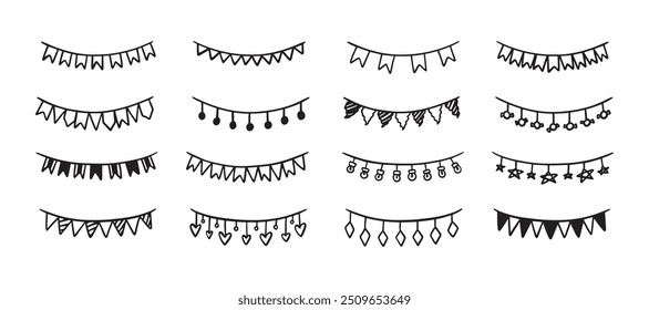 Conjunto de doodle bunting de Festiva. Guirnalda de cumpleaños dibujada a mano de banderas, corazones, estrellas, círculos. Niños dibujando garabatos. Ilustración vectorial