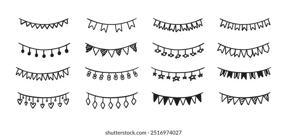 Conjunto de doodle bunting de Festiva. Guirnalda de cumpleaños dibujada a mano de banderas, corazones, estrellas, círculos. Niños dibujando garabatos. Ilustración vectorial