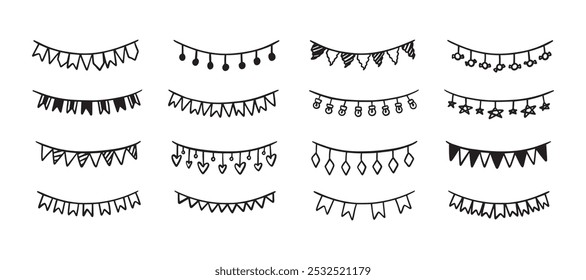 Conjunto de doodle de bunting de férias. Desenhado à mão esboço guirlanda de aniversário de bandeiras, corações, estrelas, círculos. Crianças rabiscam desenho. Ilustração vetorial