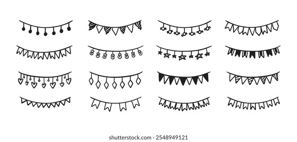 Conjunto de doodle de bunting de férias. Desenhado à mão esboço guirlanda de aniversário de bandeiras, corações, estrelas, círculos. Crianças rabiscam desenho. Ilustração vetorial