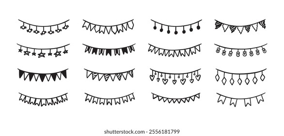 Holiday bunting doodle set. Hand drawn outline birthday garland of flags, hearts, stars, circles. Children doodle drawing. Vector illustration