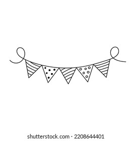 Holiday bunting flags in doodle style. Carnival garland with triangle flags. Black and white vector illustration for coloring book.