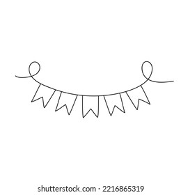 Holiday bunting flags in doodle style. Carnival garland with flags. Black and white vector illustration for coloring book.