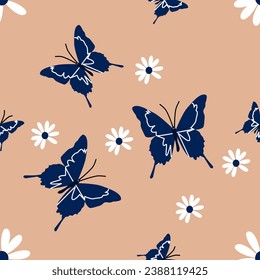 Holiday butterflies and daisies in brown background