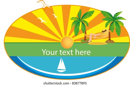 Holiday button with palm, sun and sail boat