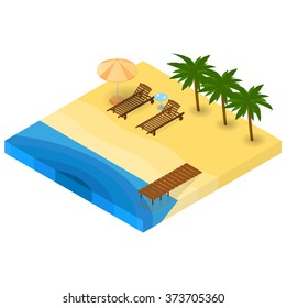 A holiday by the sea. Sandy beach. Two sunbeds under an umbrella. A small table with cups of water. A wooden pier. A vacation by the ocean. Green palms. Vector illustration.