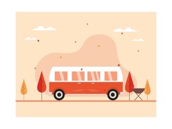Holiday By Staying In The Forest Using A Van While Having A Barbaque, Enjoying Life In Autumn With A View Of Trees, Clouds, Mountains And Fallen Leaves. Nature Design. Vector Flat Illustration