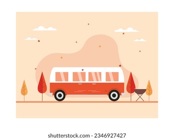 Estar en el bosque usando una camioneta mientras disfruta de una barbacoa, disfrutando de la vida en otoño con vistas a árboles, nubes, montañas y hojas caídas. Diseño natural. Ilustración plana del vector