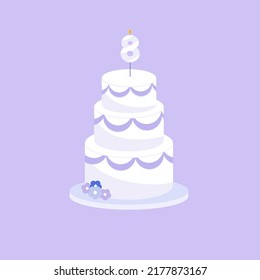 Holiday cake with an age eight candle in a flat style. Vector illustration