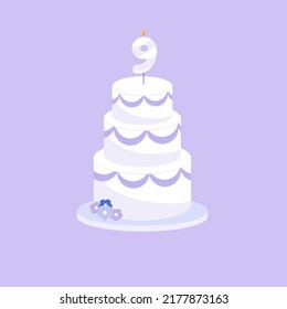 Holiday cake with age nine candle in flat style. Vector illustration