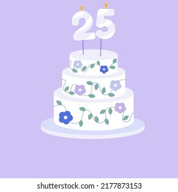 Holiday cake with age twenty-five candle in flat style. Vector illustration