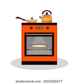 Holiday cake is baked in the oven. Kitchen stove with kettle and frying pan. Thanksgiving Pie. Christmas pie. Vector illustration on white background