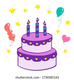 Holiday cake with balloons and stars isolated on white background. Happy birthday! Vector illustration of greeting card.